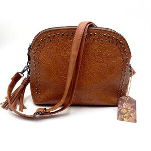 Sam & Hadley Cognac Brown Shoulder Crossbody w Floral Embossed & Studded Details